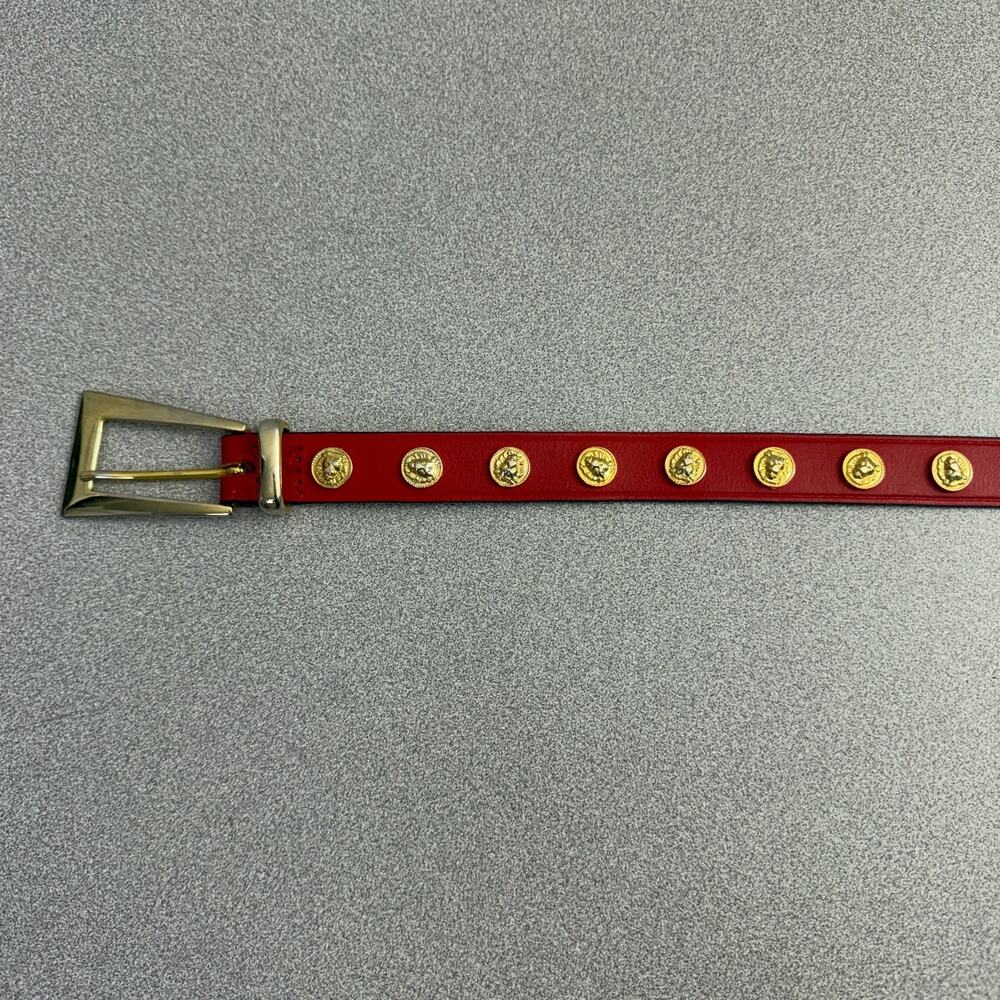 Anne Klein Lion Leather Belt Womens Red Gold Medallion 90s Metal 1" Animals - Picture 3 of 9